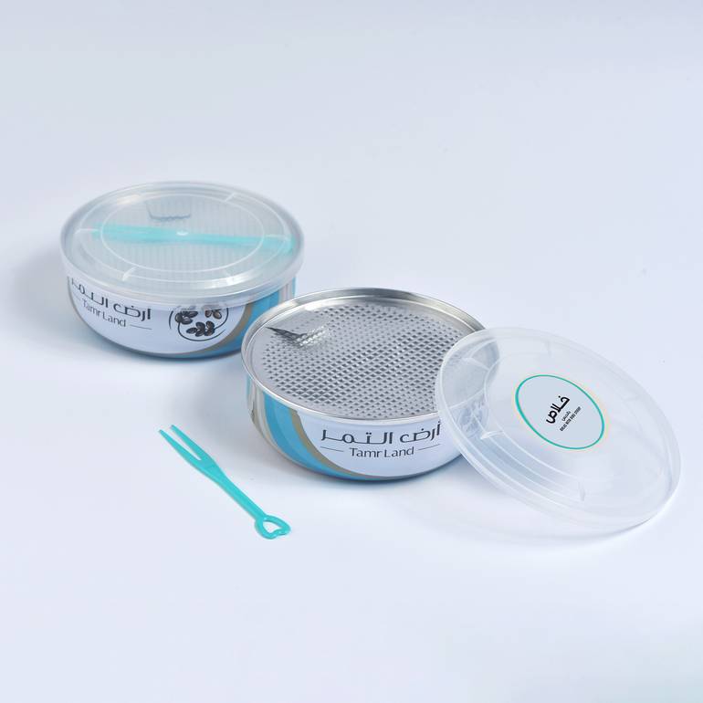 علب معدنية تمر خلاص بالدبس منزوع النوى